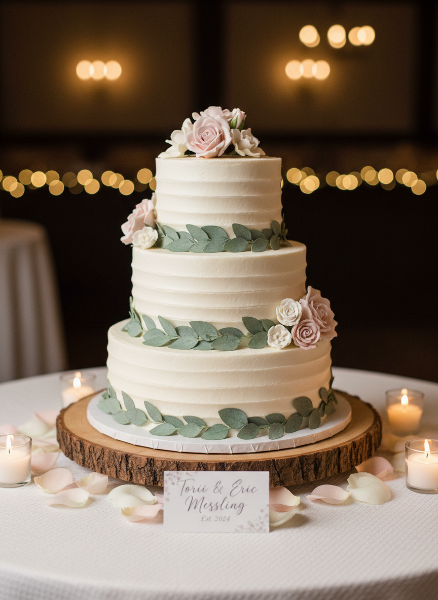 A three-tiered wedding cake covered in smooth white buttercream with subtle horizontal ridges, each tier wrapped in a delicate band of eucalyptus leaves and dotted with blush and ivory sugar flowers. The cake stands on a simple wooden pedestal on a linen-covered table, surrounded by scattered rose petals and small votive candles in clear glass holders. Warm indoor ambient lighting and a few visible fairy lights in the softly blurred background create a cozy, romantic glow. Photographic realism, straight-on eye-level shot with a slightly shallow depth of field, presenting an elegant, celebratory focal point from Torii and Eric Messling’s wedding reception with no people present.