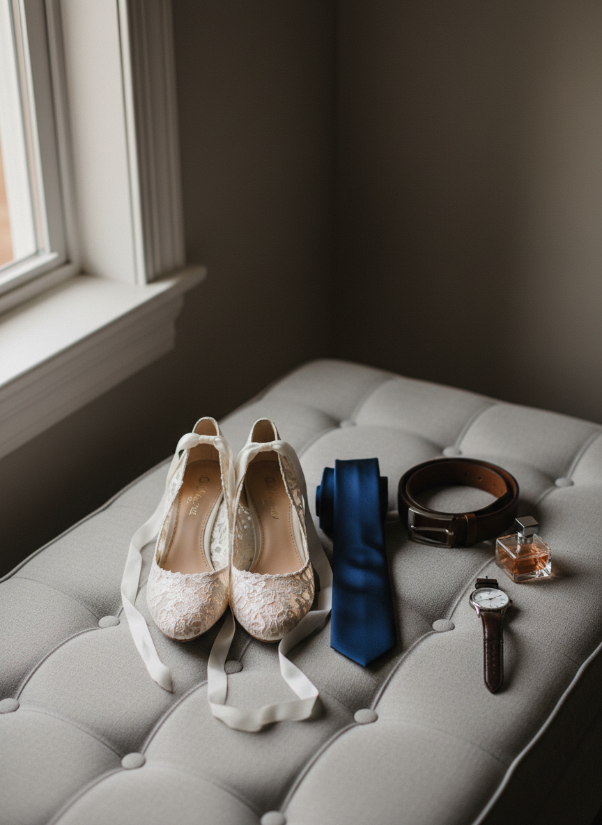 A pair of classic lace wedding shoes in soft ivory, with delicate floral embroidery and satin ribbons, placed neatly beside a simple navy-blue tie and polished brown leather belt on a tufted, light-gray upholstered bench. Nearby, a small glass perfume bottle and an elegant watch with a leather strap hint at final preparations. Gentle morning light from an unseen window creates soft highlights and shadows, emphasizing textures in the lace and leather. Photographic realism, balanced composition using the rule of thirds, capturing a calm, anticipatory mood that suggests the private getting-ready moments for Torii and Eric Messling’s wedding day without including any people.