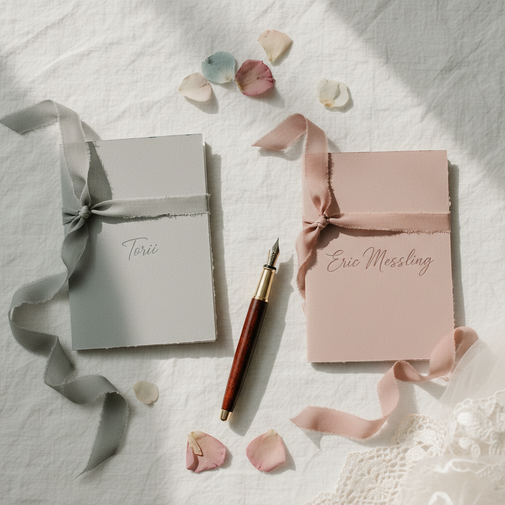 A pair of personalized wedding vow booklets, one in soft dove gray and the other in muted blush, each tied with a delicate silk ribbon, resting on a white linen cloth. Between them lies a vintage-style fountain pen with a dark wooden body and gold nib. Scattered around are a few pressed flower petals and a subtle hint of lace from a veil edge. Soft, diffused natural light from above creates gentle shadows and a quiet, reflective atmosphere. Photographic realism, top-down composition, focusing on the intimate, private nature of Torii and Eric Messling’s promises to each other, without any human presence.