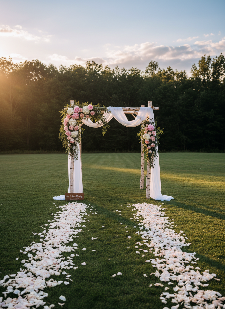 An elegant outdoor wedding ceremony arch constructed from natural birch branches and draped with sheer white fabric, adorned with clusters of soft pink peonies, white hydrangeas, and cascading greenery. The arch stands at the end of a petal-lined aisle on a manicured lawn, overlooking a distant tree line and soft blue sky. Golden hour sunlight filters through the leaves, casting a warm, dreamy glow and long, delicate shadows across the grass. Photographic realism, wide-angle view with the arch framed centrally, creating a serene, anticipatory mood. No people visible, just the carefully arranged setting awaiting Torii and Eric Messling’s vows.