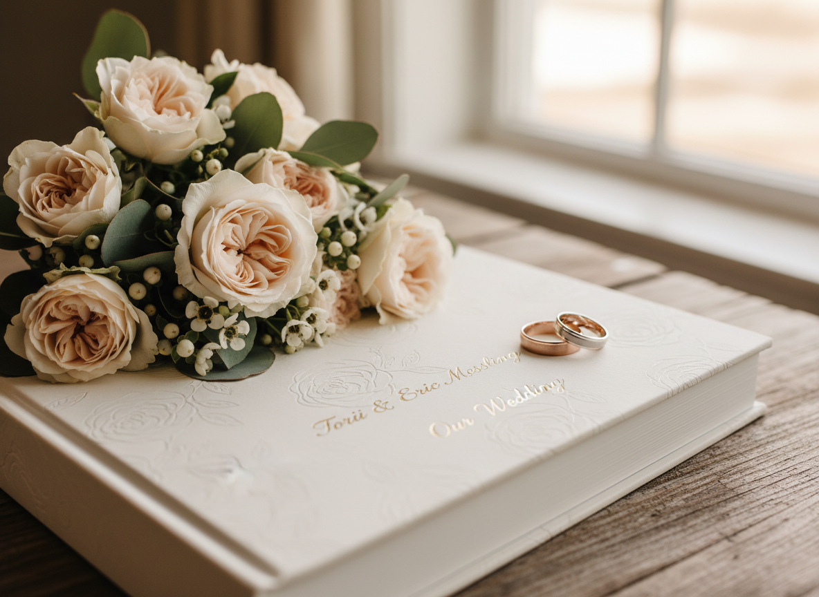 A pair of intertwined wedding rings, one brushed rose gold and one polished white gold, resting on the corner of a thick, ivory wedding album embossed with a subtle floral pattern. The album lies on a rustic wooden table beside a loosely gathered bouquet of pale blush and cream roses, eucalyptus leaves, and tiny white buds. Soft late-afternoon window light creates gentle highlights on the metal bands and a warm glow across the album cover, with the background fading into a creamy bokeh. Photographic realism, eye-level composition, calm and romantic atmosphere, emphasizing texture and detail to suggest cherished memories from Torii and Eric Messling’s wedding without showing any people.