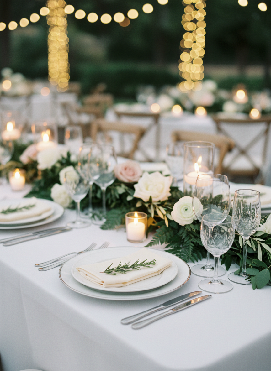 A close-up of a meticulously set wedding reception table: crisp white linen, a runner of mixed greenery with scattered white and blush blooms, and clear glass votive candles casting a soft, flickering glow. Fine bone china plates with a delicate silver rim are stacked perfectly, topped with folded linen napkins and simple sprigs of rosemary. Clear crystal glasses catch the light, creating tiny reflections. The background shows a blurred hint of other tables and twinkling string lights. Photographic realism, shallow depth of field, shot at an inviting, slightly elevated angle, evoking an intimate, celebratory atmosphere from Torii and Eric Messling’s wedding reception, with no guests in view.